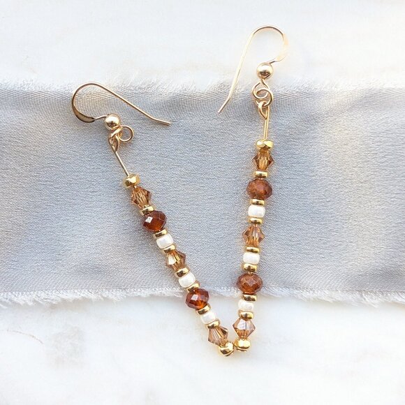 Gold Hessonite Garnet Dainty Drop Dangle Earrings - Picture 3 of 6